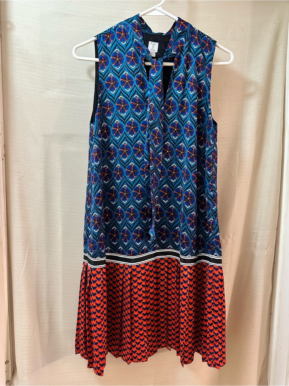 Tristan Blue Orange Geometric Print Sleeveless Tie Neck Shift Dress XS Petite